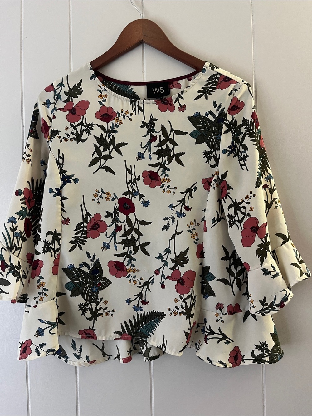 W5 Cream Floral Bell-Sleeve Blouse with Pink Blooms